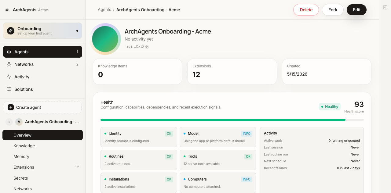 Agent Overview tab showing identity, instructions, and health summary