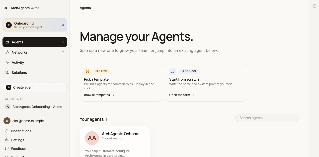 Agents list page showing agent cards with status and last activity