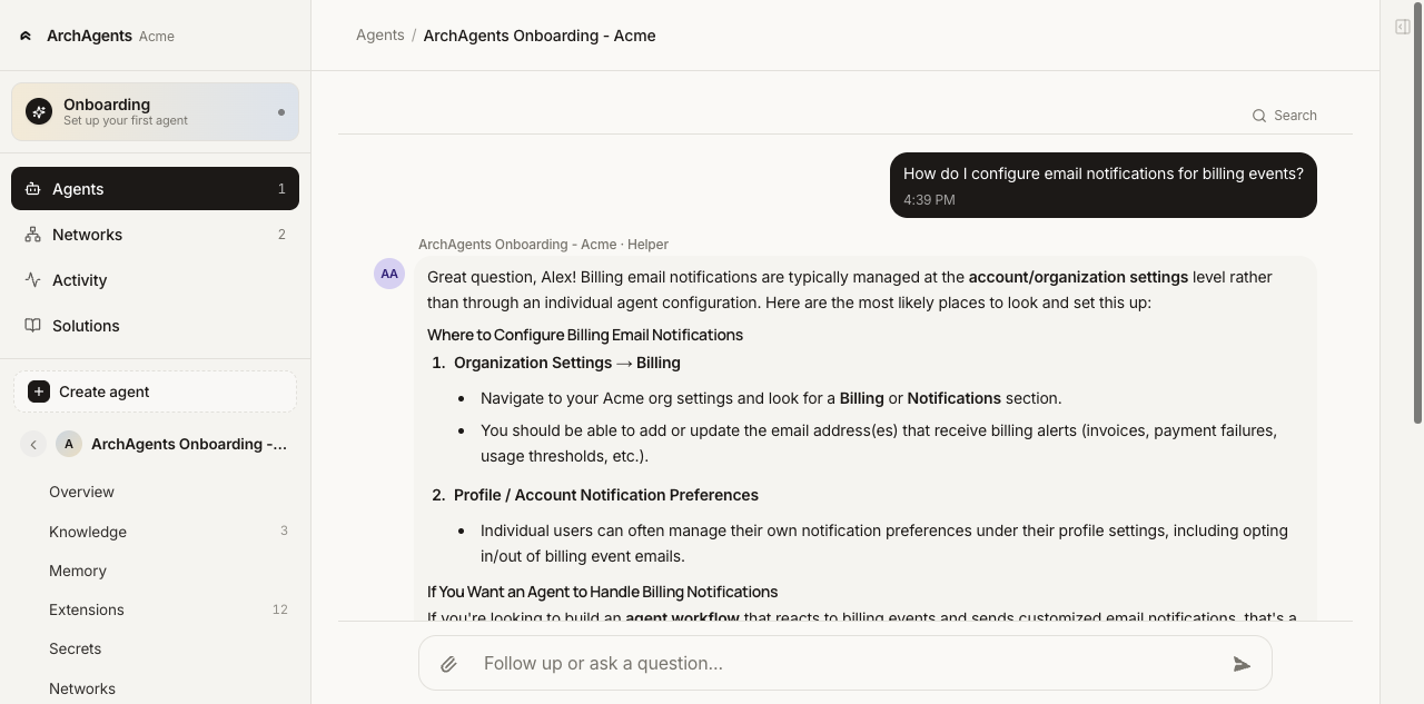 Agent direct Chat tab with a question and the agent's reply