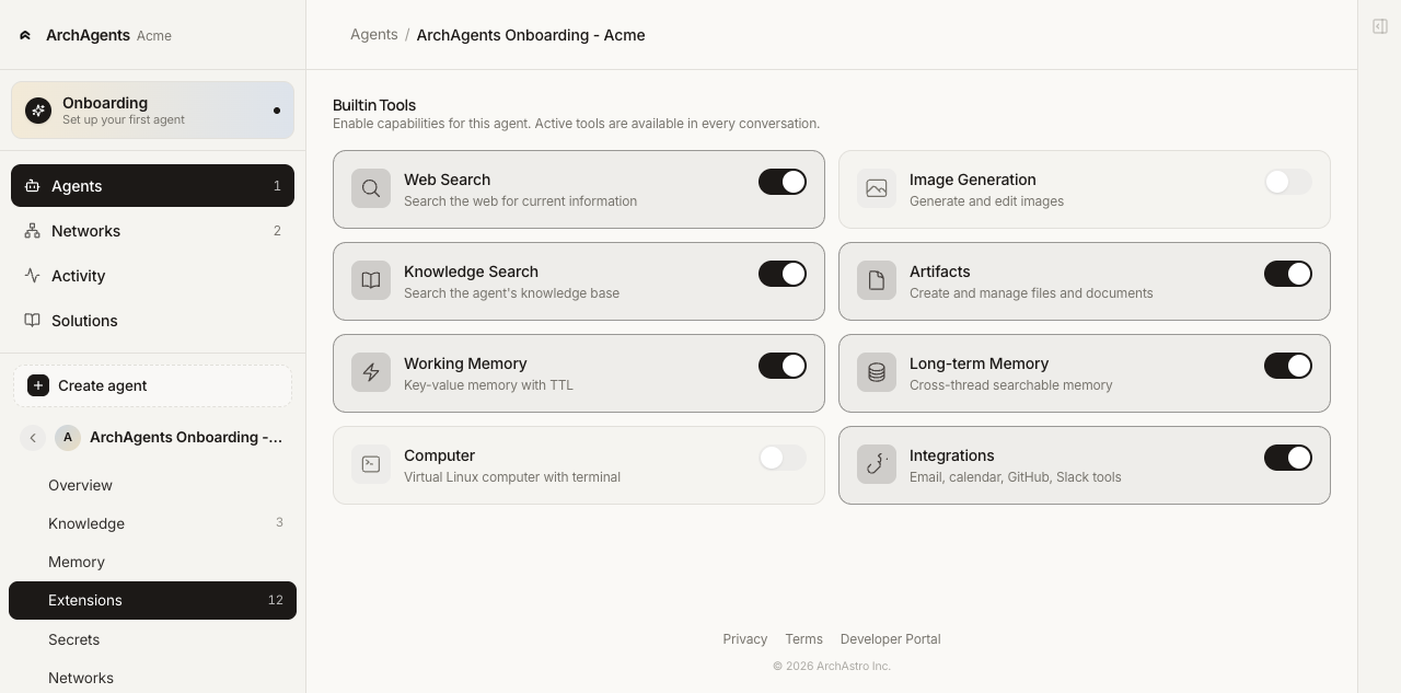 Agent Extensions tab listing built-in tools that can be enabled per agent