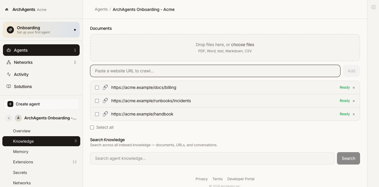 Agent Knowledge tab listing connected sources in Ready state