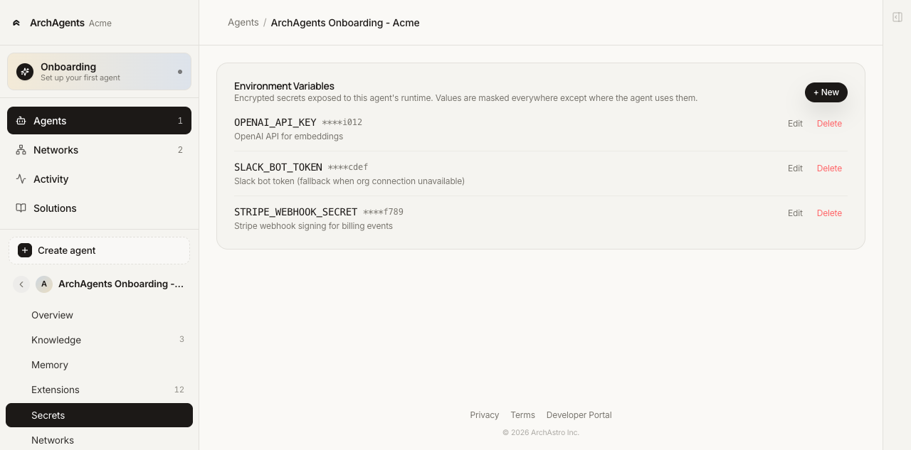 Agent Secrets tab listing keys with masked values, with Add and per-row Edit / Delete actions