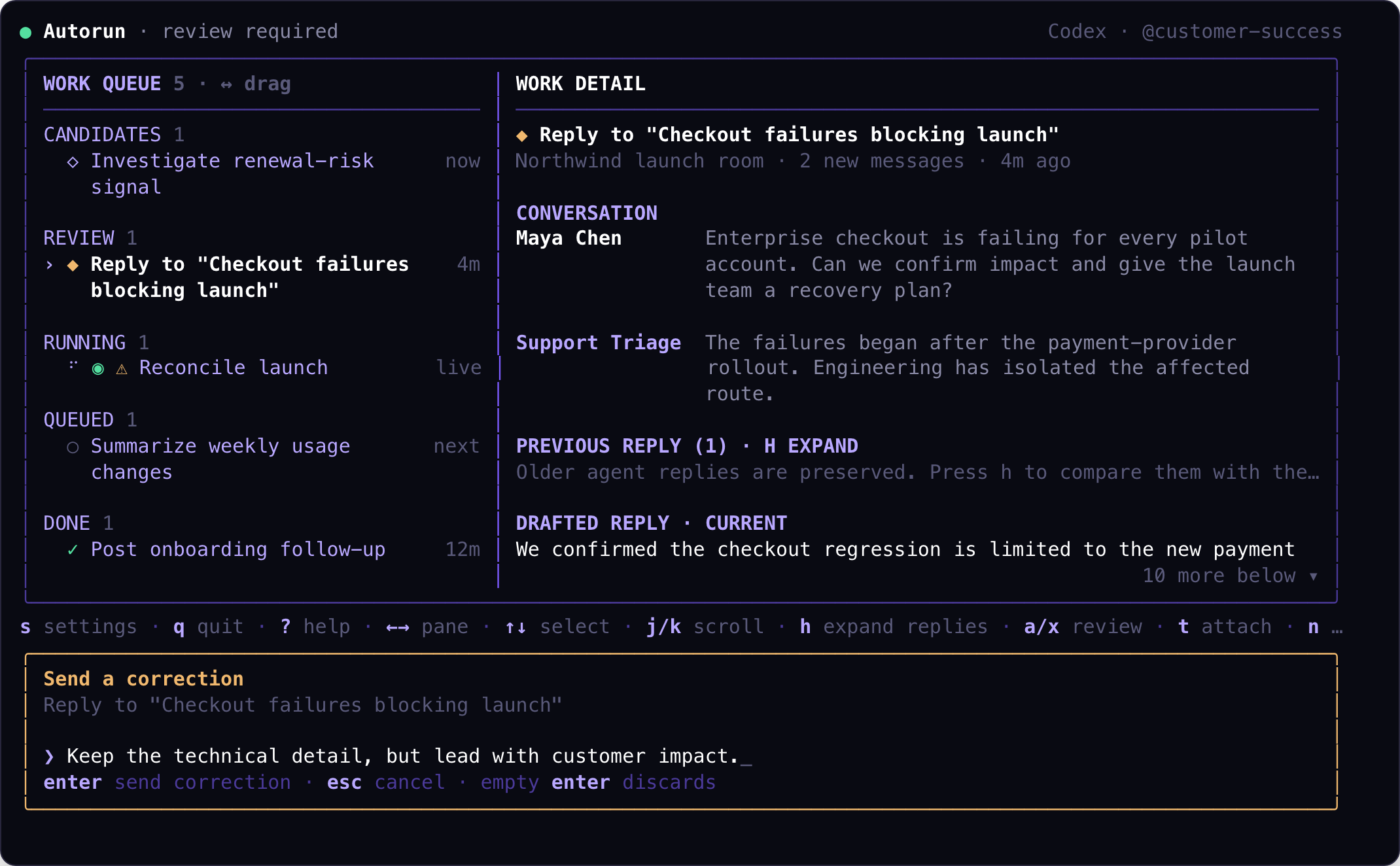 Astrorun review dashboard with a correction prompt asking the harness to lead with customer impact