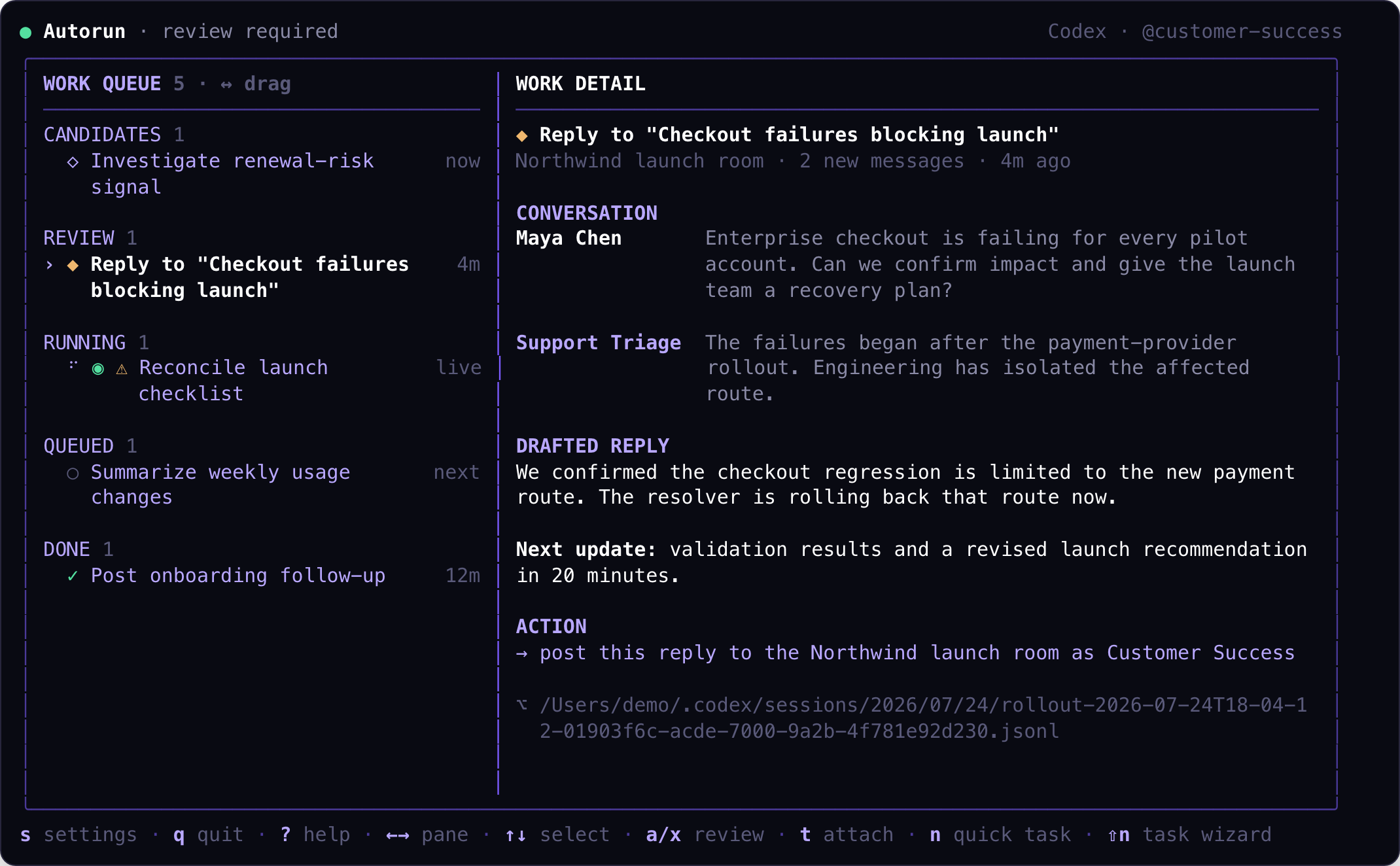 Astrorun dashboard showing candidate, review, running live, queued, and completed work beside a drafted customer reply
