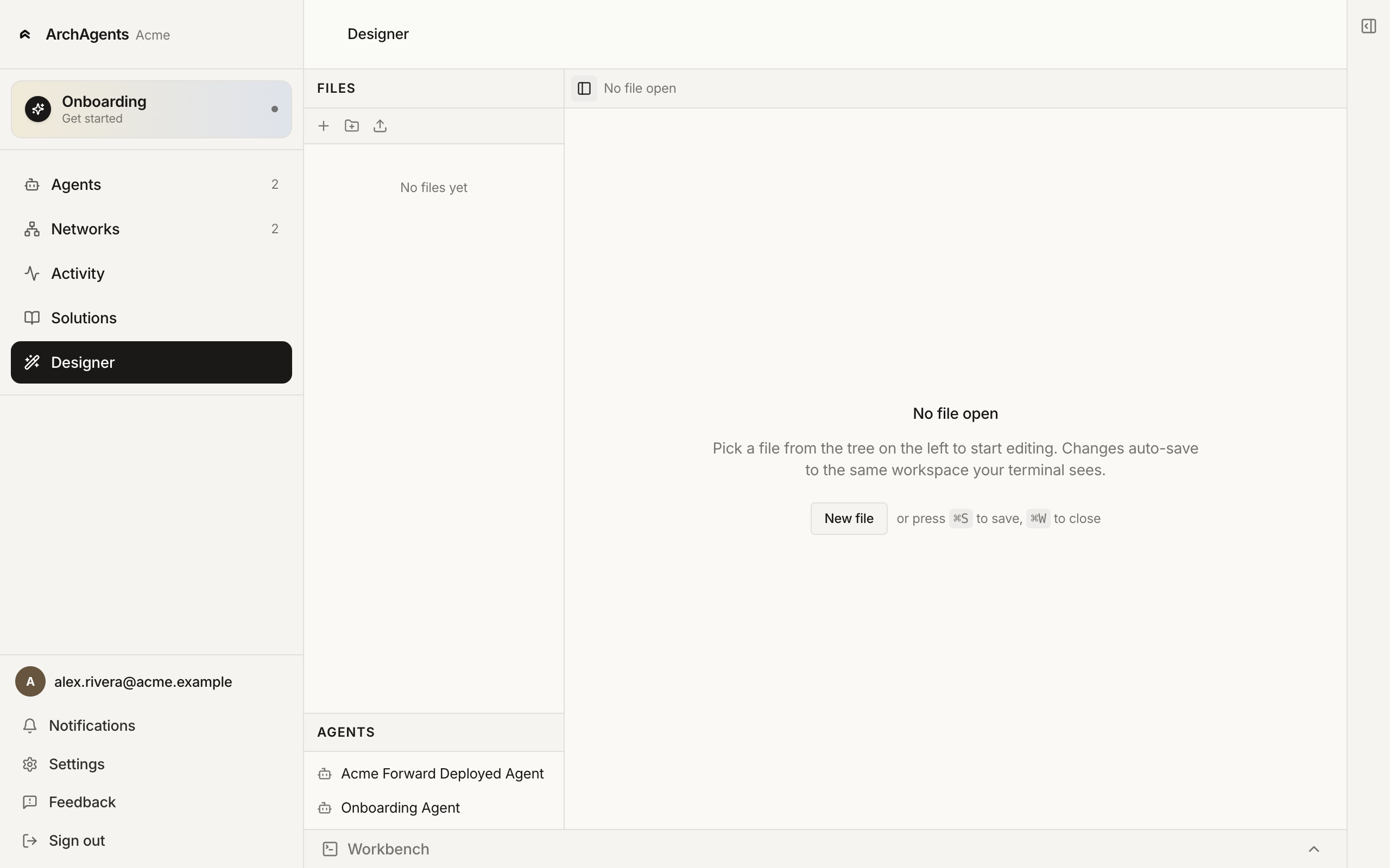 Designer with an empty editor showing the file tree on the left, the agents list in the bottom panel, and the prompt to pick a file