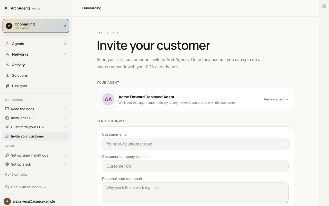 Invite your customer form with fields for customer email, company name, and a personal note