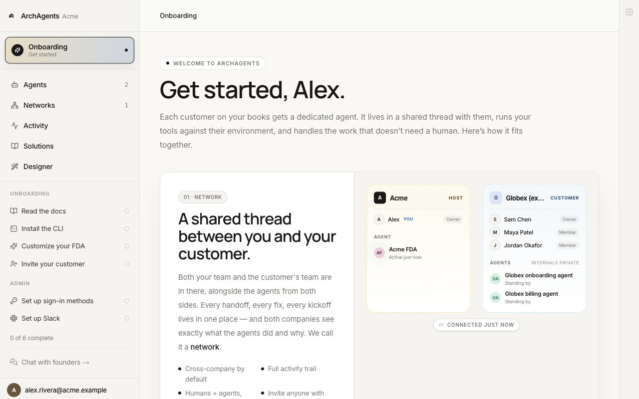 Onboarding start page showing the network model: an Acme HOST org with the Acme FDA agent, and an example Globex CUSTOMER org with its internal agents, connected in a shared network